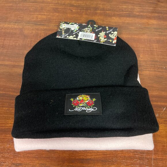 Ed Hardy 2 Pack Beanies PINK and BLACK Embroidered One Size - Picture 2 of 2